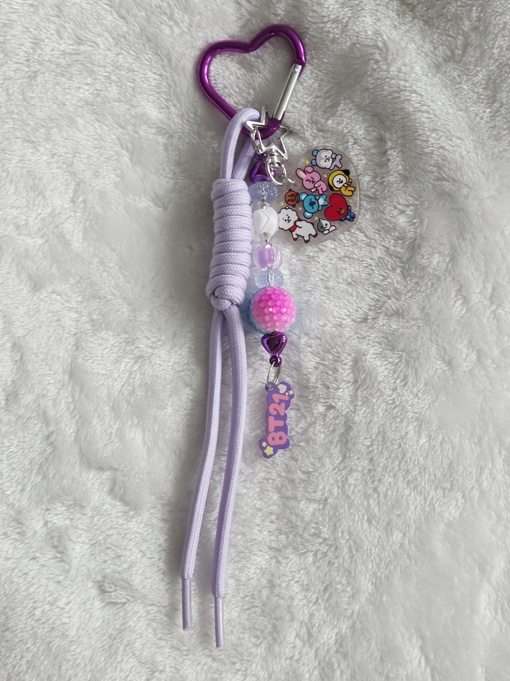 BT21 BTS Lavender Heart Clip Keychain with Bead Charm Kpop Bag Charm